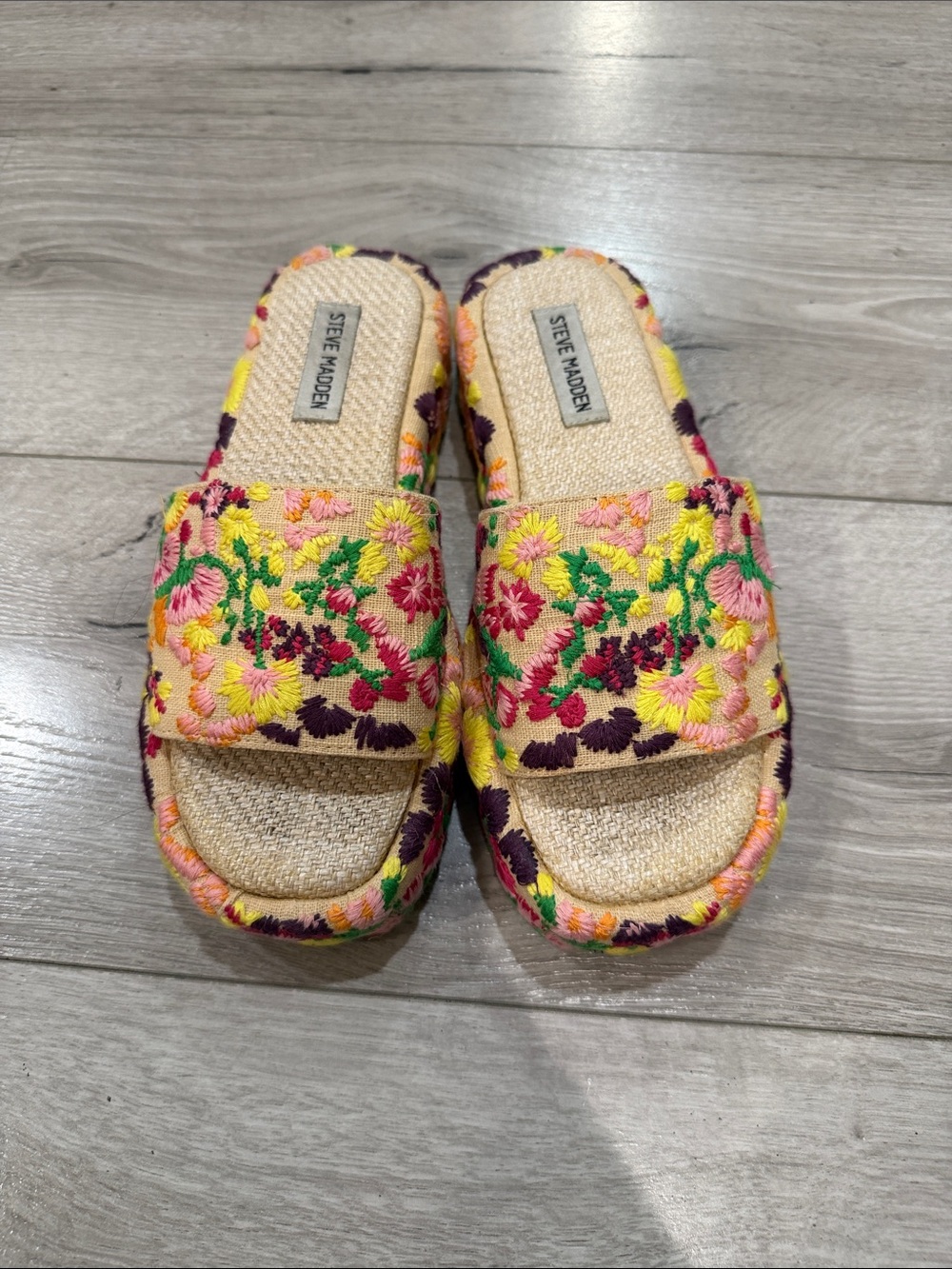 Steve Madden Floral Embroidered Slide Sandals in Yellow, Pink, Green & Purple